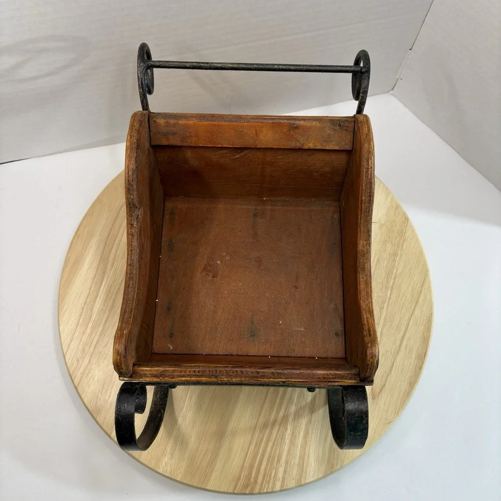 Wood Wicker & Metal Sleigh Storage Basket Small Brown/Black Handle Christmas
